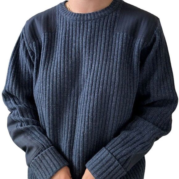 LL Bean Mens 100% Lambs Wool Ribbed Navy Blue Elbow Patch Crewneck Sweater Sz L - Picture 3 of 6